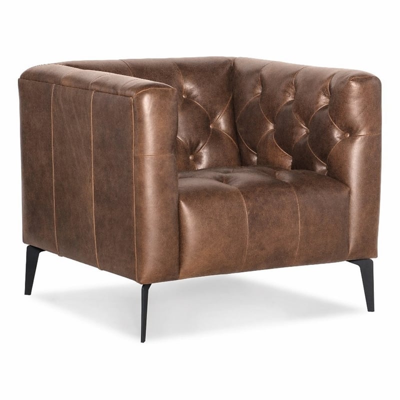 Bowery Hill Leather Stationary Chair with Tufted Back in Saddlebag Brown