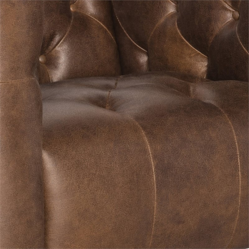 Bowery Hill Leather Stationary Chair with Tufted Back in Saddlebag Brown