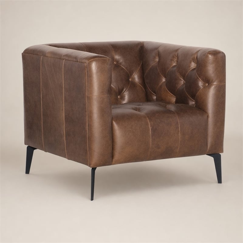 Bowery Hill Leather Stationary Chair with Tufted Back in Saddlebag Brown
