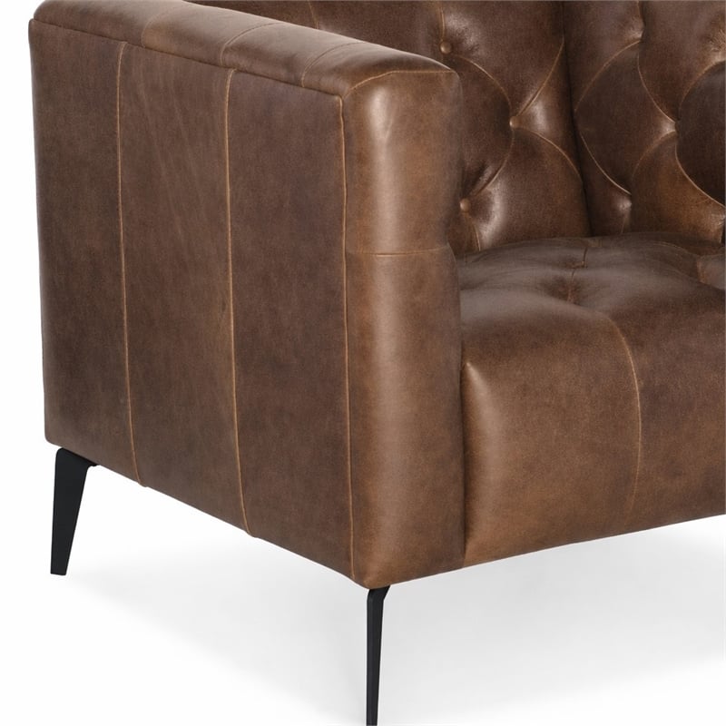Bowery Hill Leather Stationary Chair with Tufted Back in Saddlebag Brown