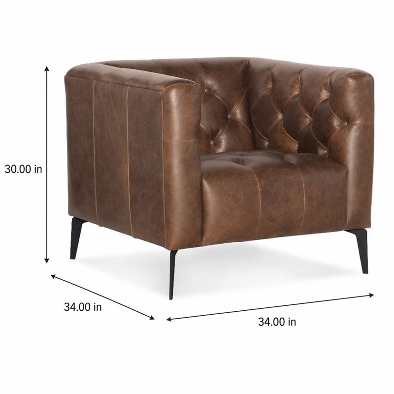 Bowery Hill Leather Stationary Chair with Tufted Back in Saddlebag Brown