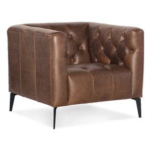 Bowery Hill Leather Stationary Chair with Tufted Back in Saddlebag Brown