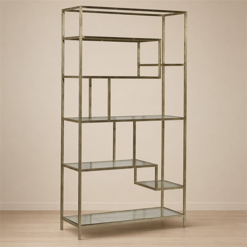 Bowery Hill Glass 8-Shelf Etagere with Silver Finish and Iron Frame