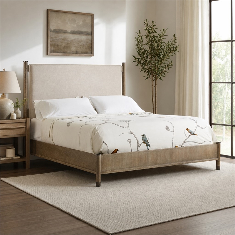 Bowery Hill Upholstered California King Bed in Fabric and Brown Greige Finish