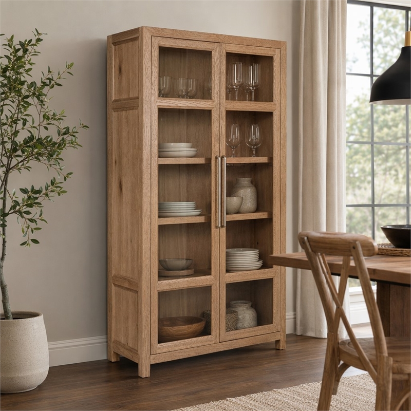 Bowery Hill Driftwood Display Cabinet in Light Brown with Seeded Glass