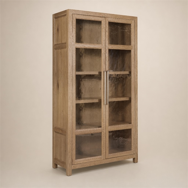 Bowery Hill Driftwood Display Cabinet in Light Brown with Seeded Glass