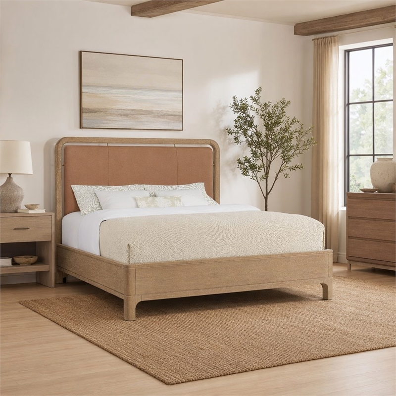 Bowery Hill Queen Panel Bed in Brown Leather with Metal Supports