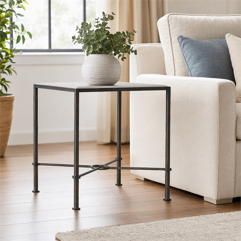 Bowery Hill Grey Metal End Table with Marble Square Top