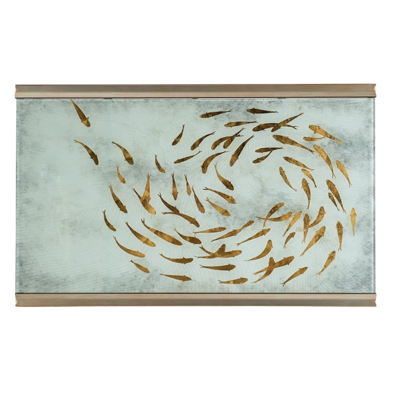 Bowery Hill Koi Rectangle Cocktail Table with Painted Glass Top and Gold Finish