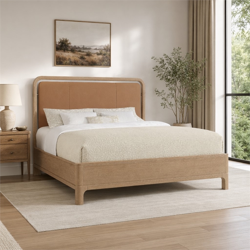 Bowery Hill California King Bed with Leather Upholstery and Oak Veneers