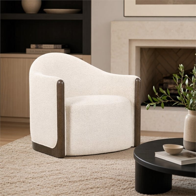 Bowery Hill Swivel Chair with Brown Wood Trim in Beige Fabric