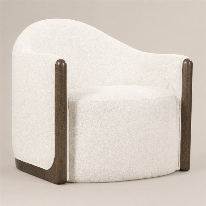 Bowery Hill Swivel Chair with Brown Wood Trim in Beige Fabric