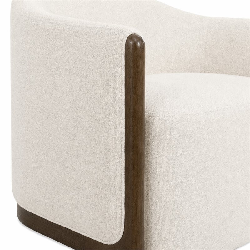 Bowery Hill Swivel Chair with Brown Wood Trim in Beige Fabric