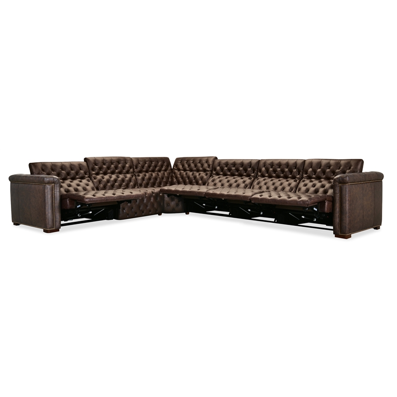 Bowery Hill Brown Leather Chesterfield 6 Seat Power Reclining Sectional