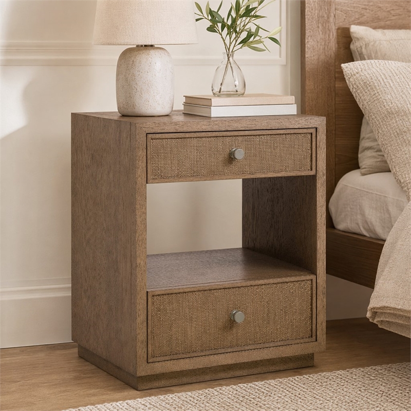 Bowery Hill 2 Drawer Nightstand in Brown Wood with Cane Detailing