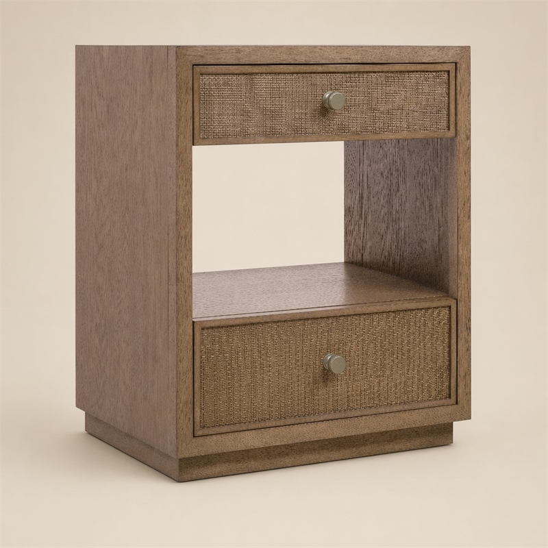 Bowery Hill 2 Drawer Nightstand in Brown Wood with Cane Detailing