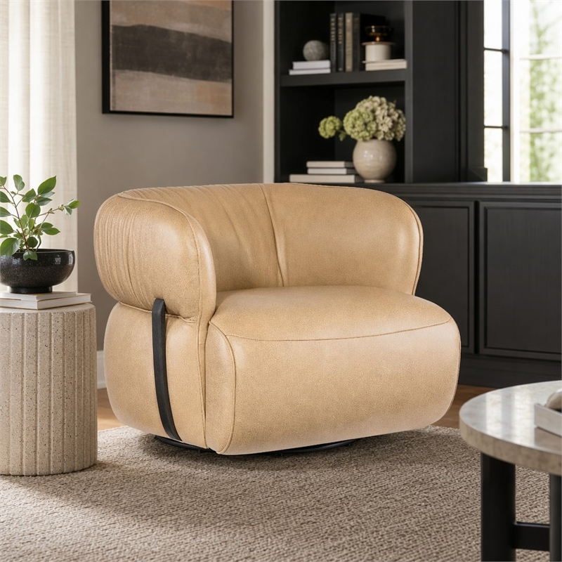Bowery Hill McGuire Swivel Chair in Beige Leather and Walnut Accents