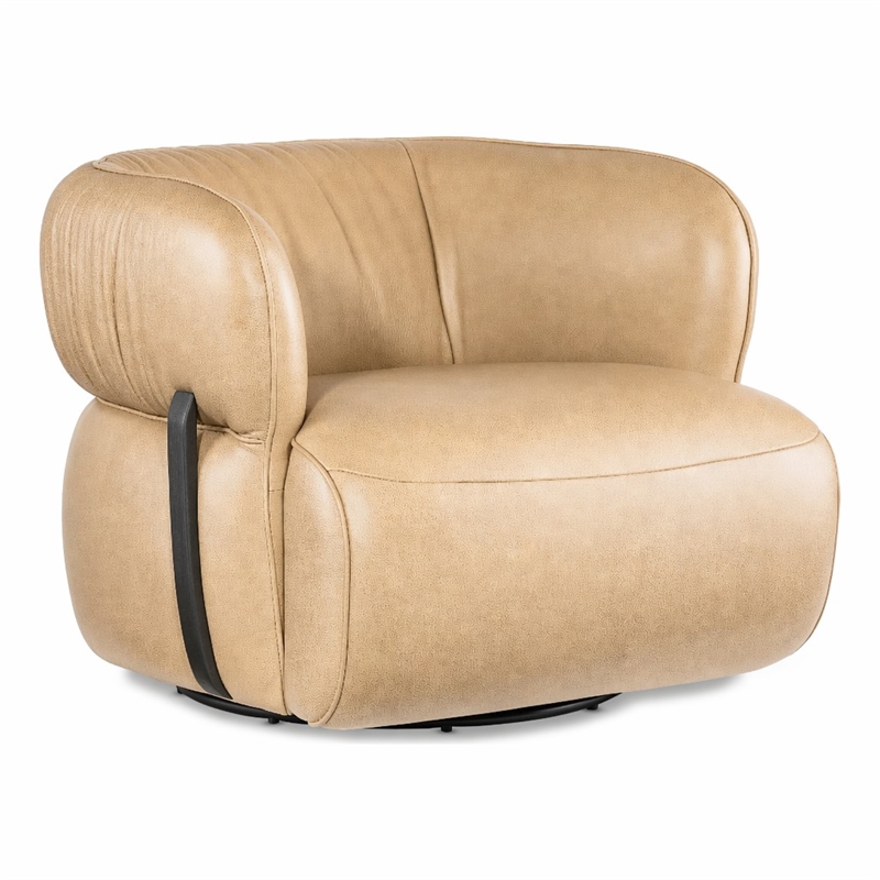 Bowery Hill McGuire Swivel Chair in Beige Leather and Walnut Accents