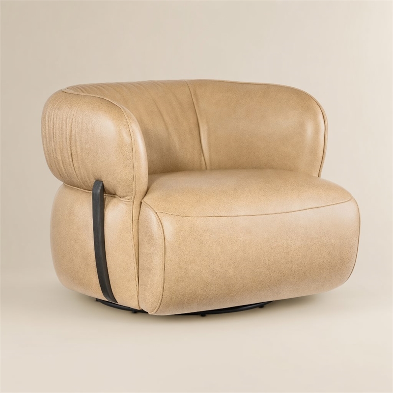 Bowery Hill McGuire Swivel Chair in Beige Leather and Walnut Accents