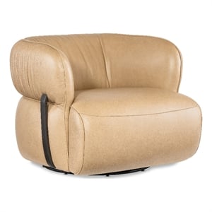 Bowery Hill McGuire Swivel Chair in Beige Leather and Walnut Accents
