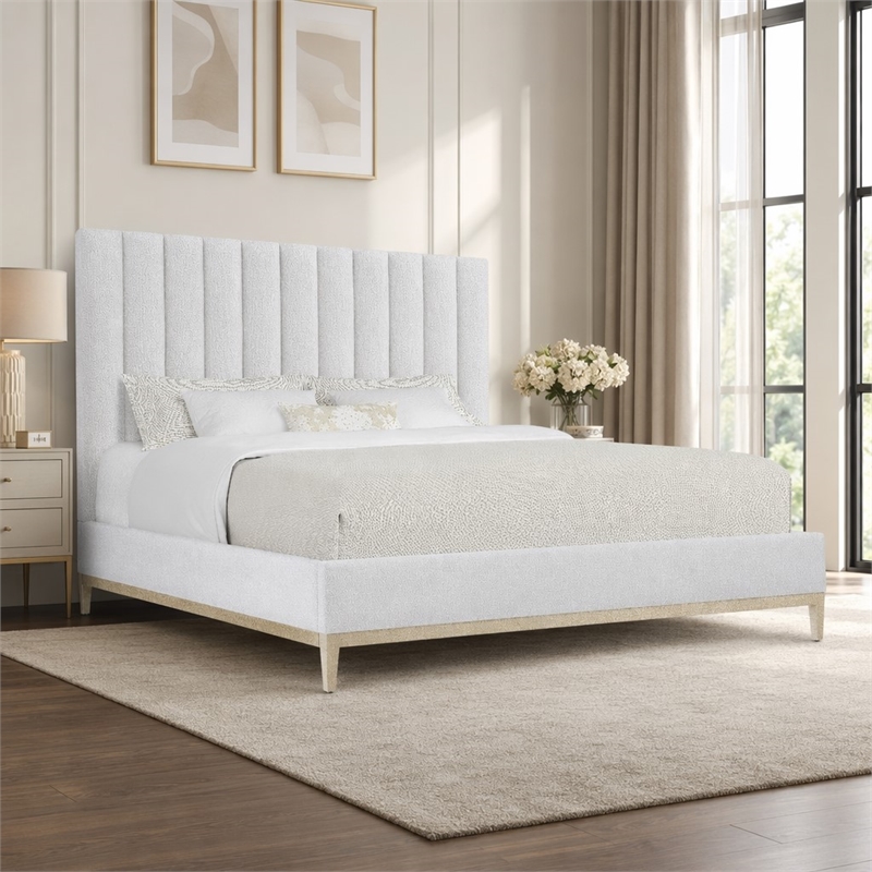Bowery Hill Cascade California King Upholstered Bed in White Fabric