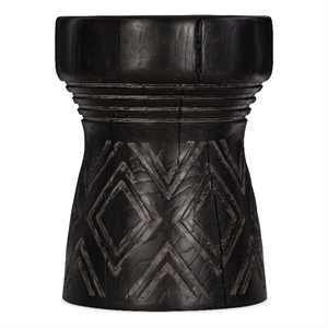 Bowery Hill Carved Resin Stump Side Table in Black with Geometric Design