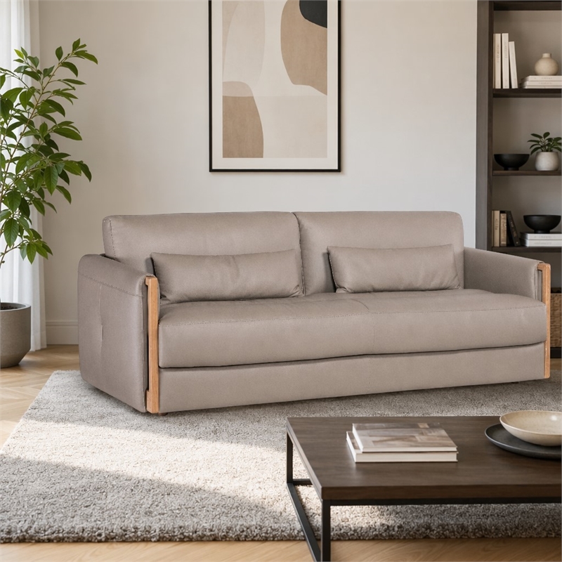 Bowery Hill Meridian Sofa in Gray Top Grain Leather with Wood Trim