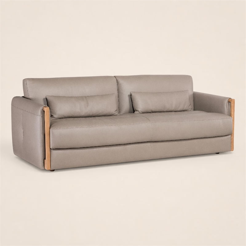 Bowery Hill Meridian Sofa in Gray Top Grain Leather with Wood Trim