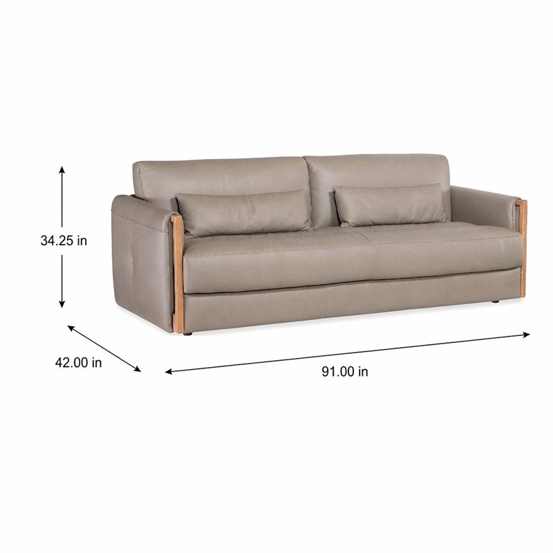 Bowery Hill Meridian Sofa in Gray Top Grain Leather with Wood Trim