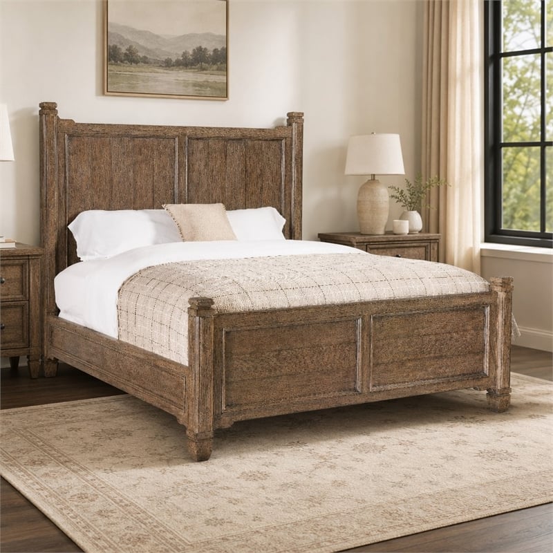 Bowery Hill Americana Queen Panel Bed in Distressed Brown Wood Finish