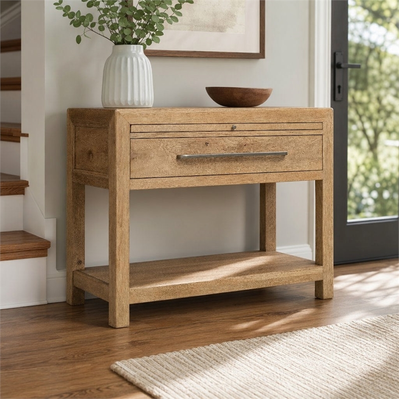 Bowery Hill Nightstand with Stone Top and Pullout Tray in Light Brown