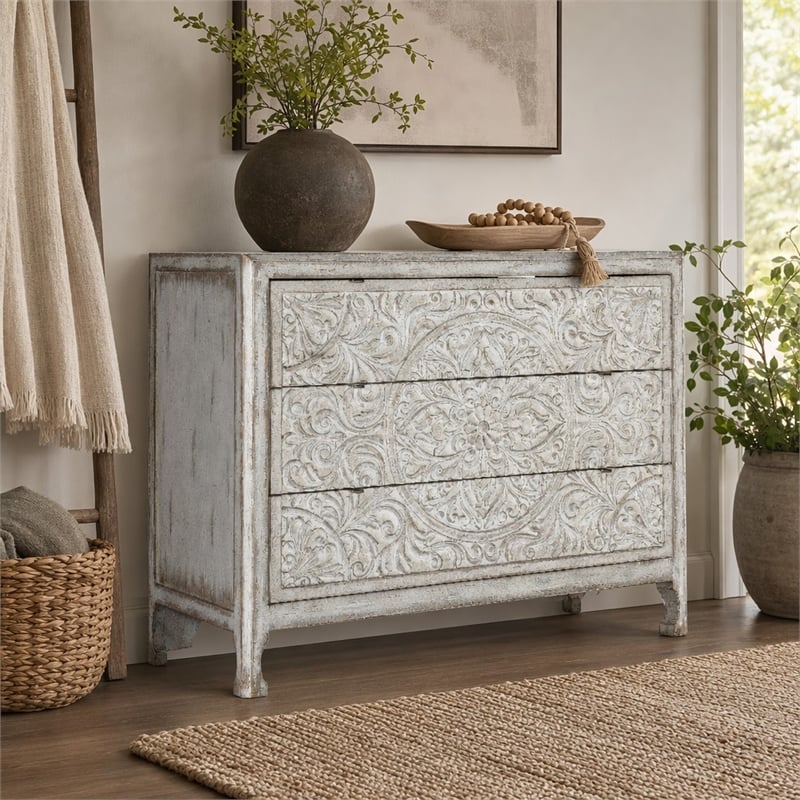 Bowery Hill 3-Drawer Accent Chest in Antique White Distressed Wood