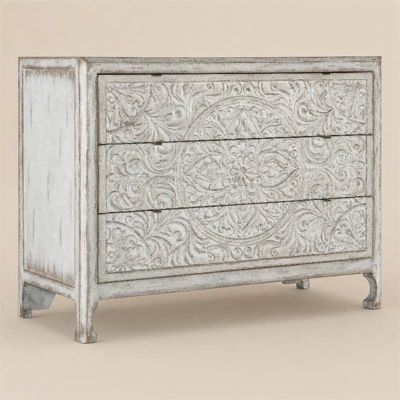 Bowery Hill 3-Drawer Accent Chest in Antique White Distressed Wood