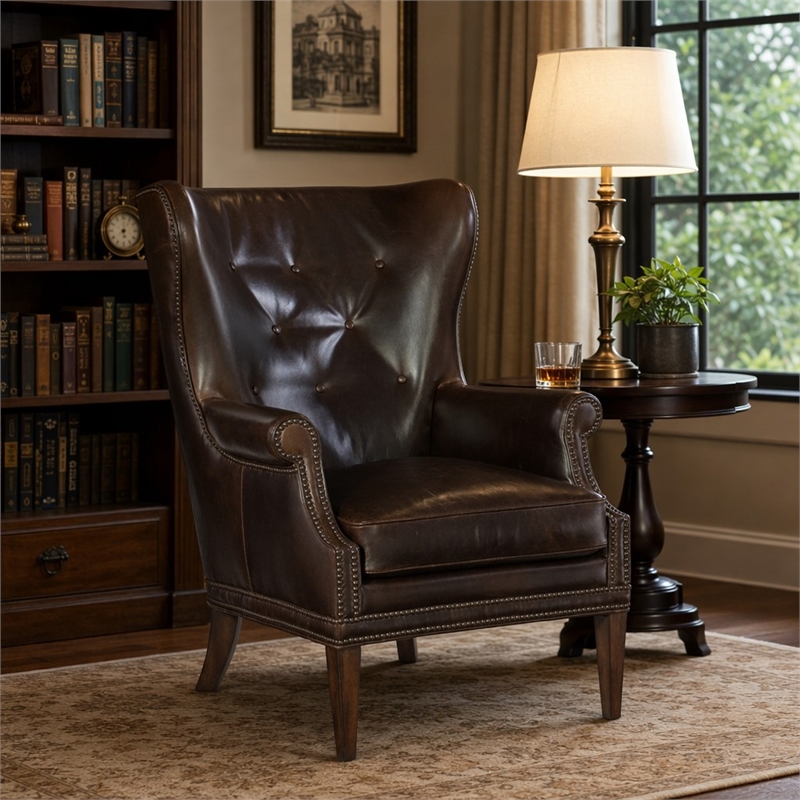 Bowery Hill Maya Brown Leather Wing Accent Chair with Nailhead Trim