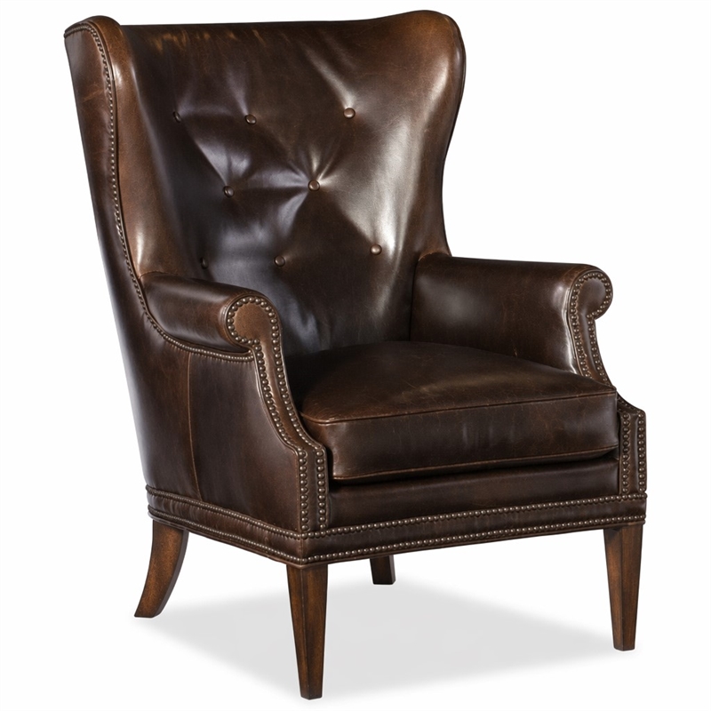 Bowery Hill Maya Brown Leather Wing Accent Chair with Nailhead Trim