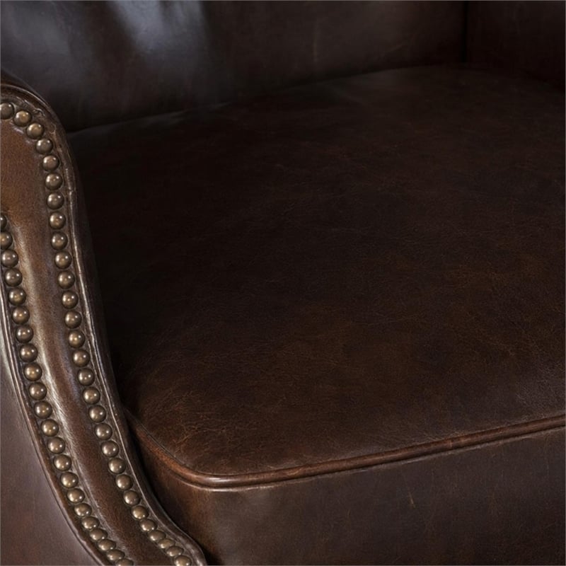 Bowery Hill Maya Brown Leather Wing Accent Chair with Nailhead Trim