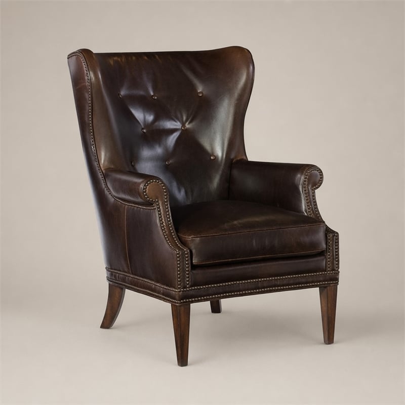 Bowery Hill Maya Brown Leather Wing Accent Chair with Nailhead Trim