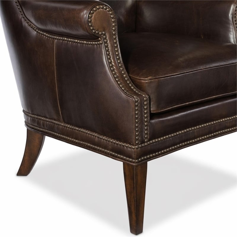 Bowery Hill Maya Brown Leather Wing Accent Chair with Nailhead Trim
