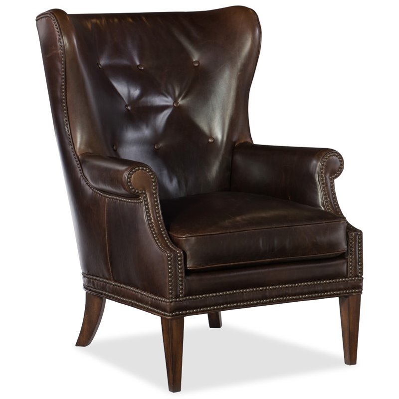 Bowery Hill Maya Brown Leather Wing Accent Chair with Nailhead Trim
