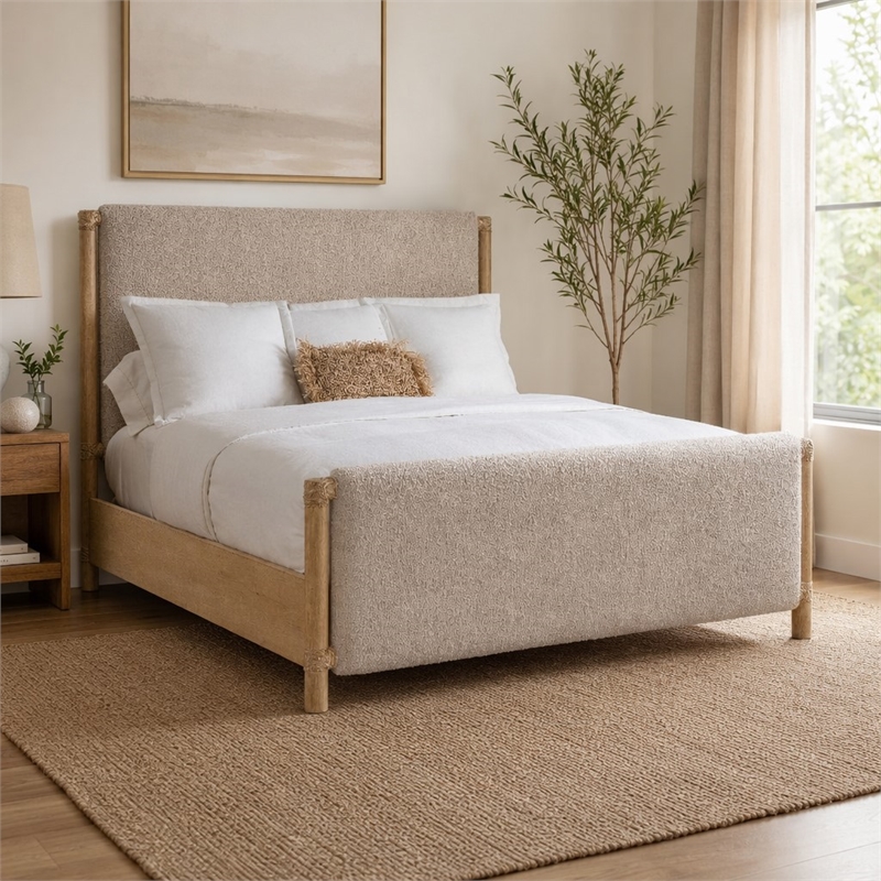 Bowery Hill Retreat Queen Panel Bed in Beige Wood with Fabric Upholstery