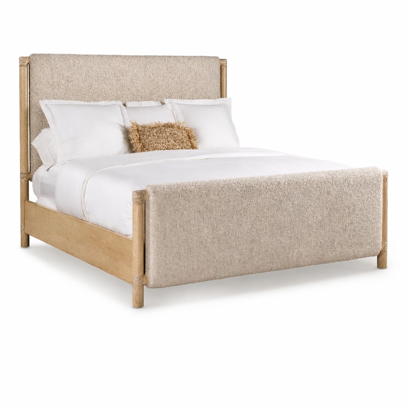 Bowery Hill Retreat Queen Panel Bed in Beige Wood with Fabric Upholstery