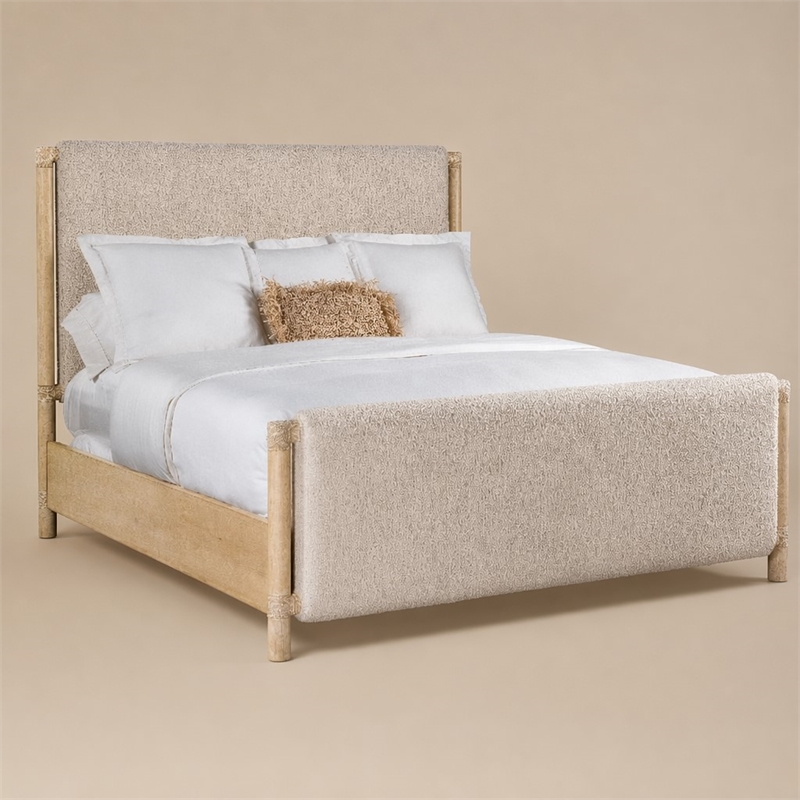 Bowery Hill Retreat Queen Panel Bed in Beige Wood with Fabric Upholstery