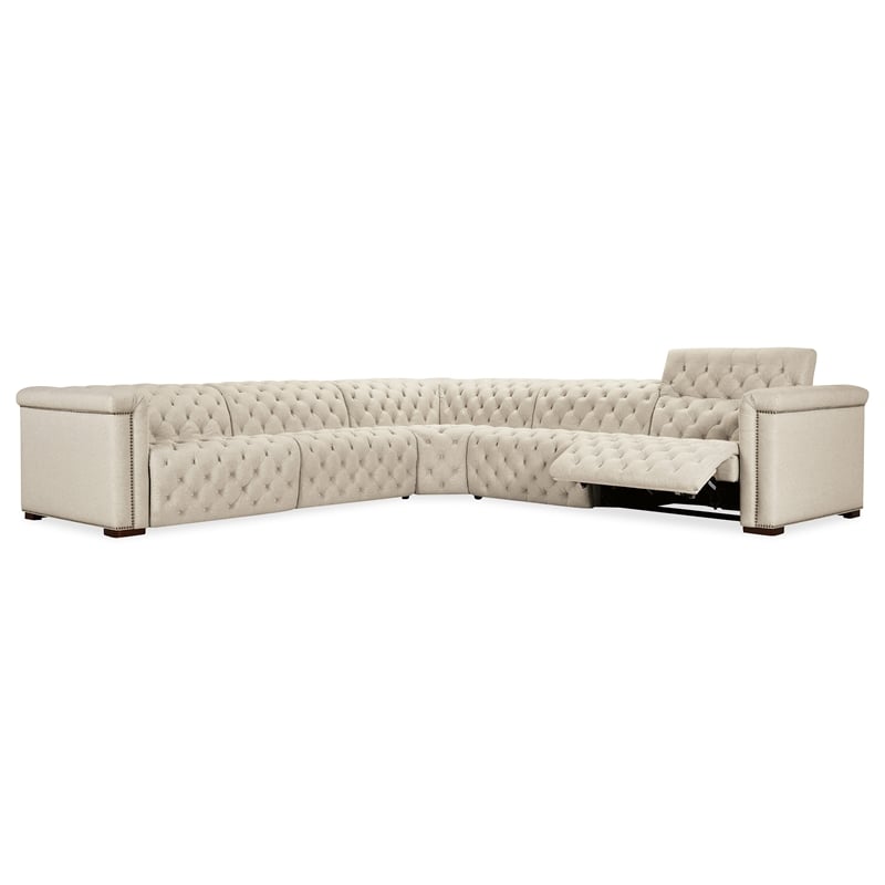 Bowery Hill Beige Fabric 5-Seat Sectional with Power Recliners and Headrests