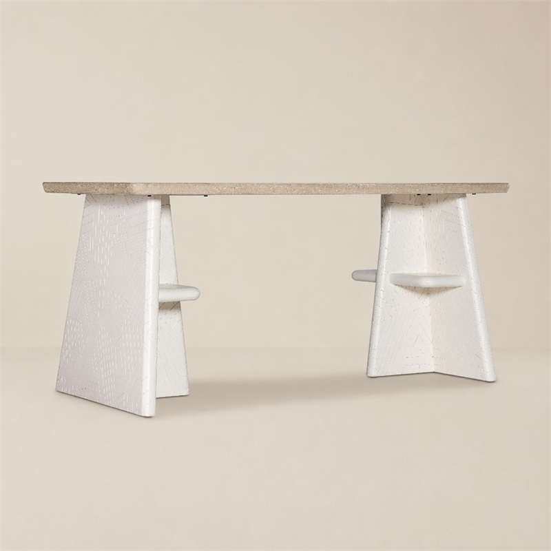 Bowery Hill Effie Writing Table Cream Wood Finish with Carved Pedestals