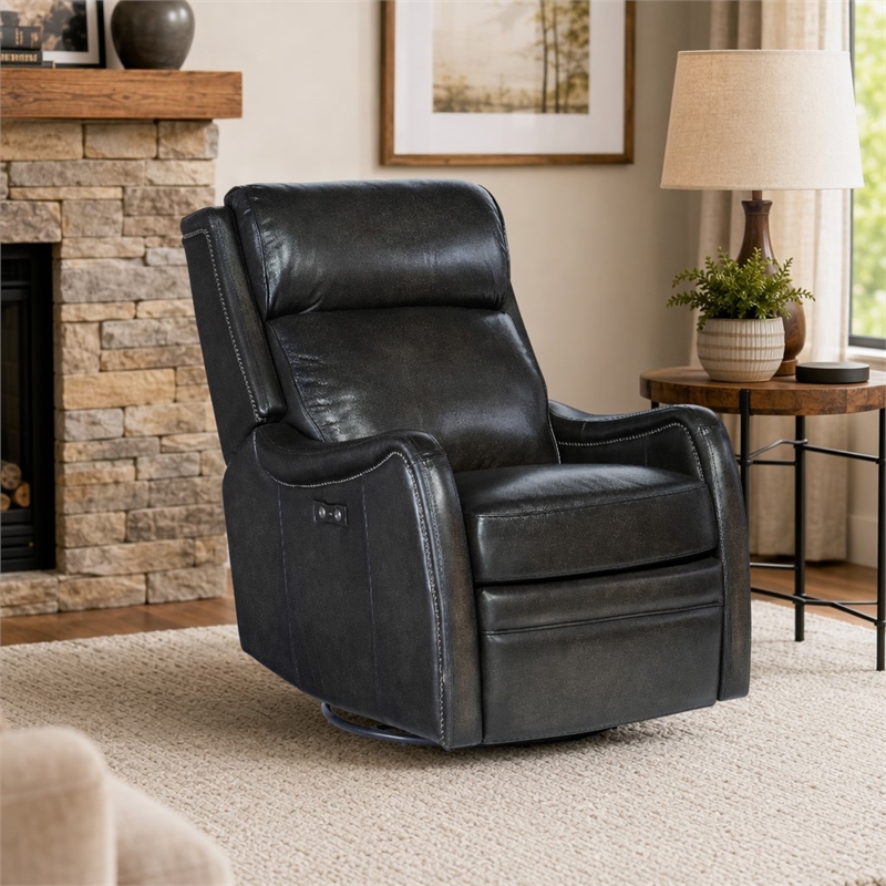 Bowery Hill Power Swivel Glider Recliner in Black Leather Upholstery