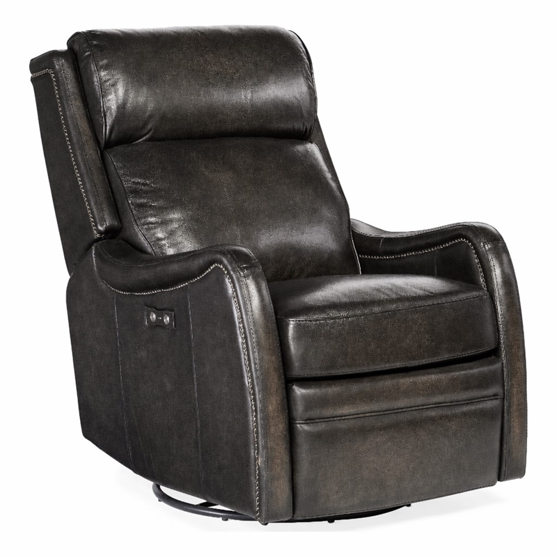 Bowery Hill Power Swivel Glider Recliner in Black Leather Upholstery