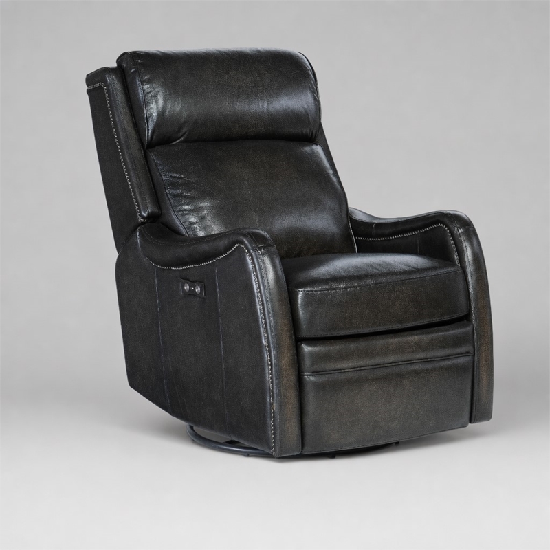 Bowery Hill Power Swivel Glider Recliner in Black Leather Upholstery