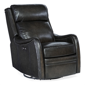 Bowery Hill Power Swivel Glider Recliner in Black Leather Upholstery