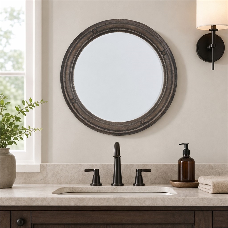 Bowery Hill Round Wall Mirror in Pine Wood and Maduro Brown Finish