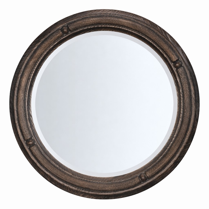 Bowery Hill Round Wall Mirror in Pine Wood and Maduro Brown Finish